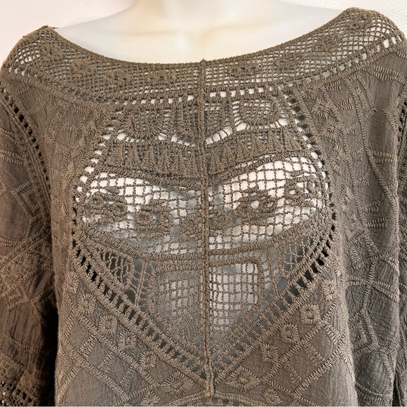 Ultra Pink Crochet Look Knit Top NEW Olive, Lace Accents | Small | Boho Cottage - Picture 4 of 12